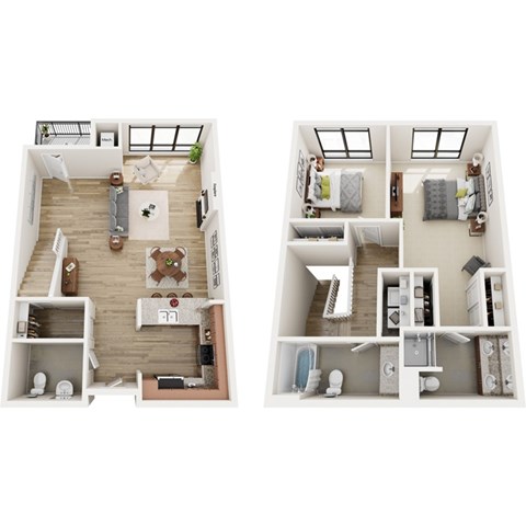 Floor plan for 2 beds, 3 baths, 1278 sqft